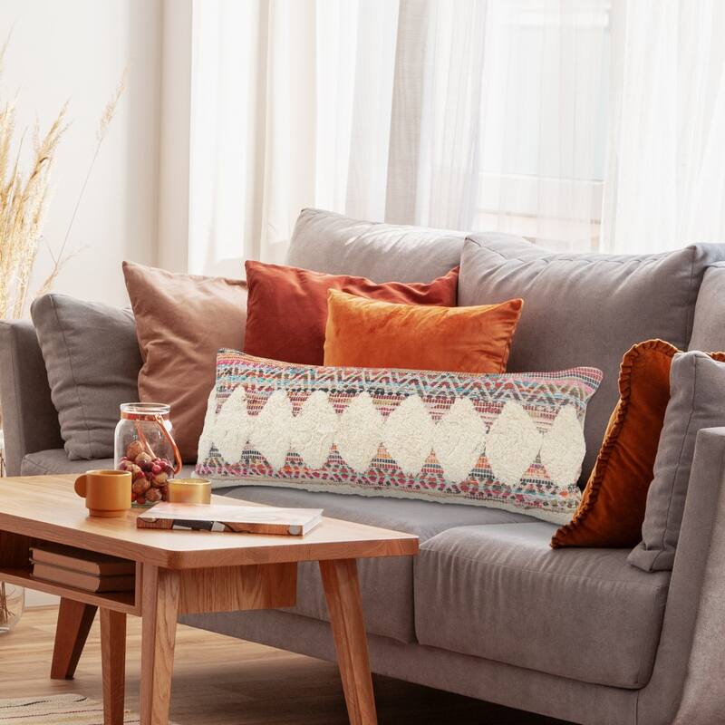 HomeRoots 14" X 36" Off-White Red Blue Orange And Green 100% Cotton Striped Zippered Pillow