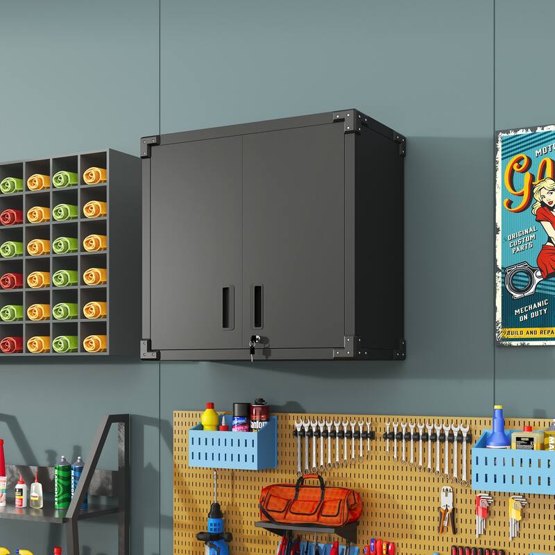 Dark Grey Alloy Steel Wall Cabinet Storage with Locking Door and Adjustable Shelf for Garage - 31.50”L x 11.81”W x 30.31”H