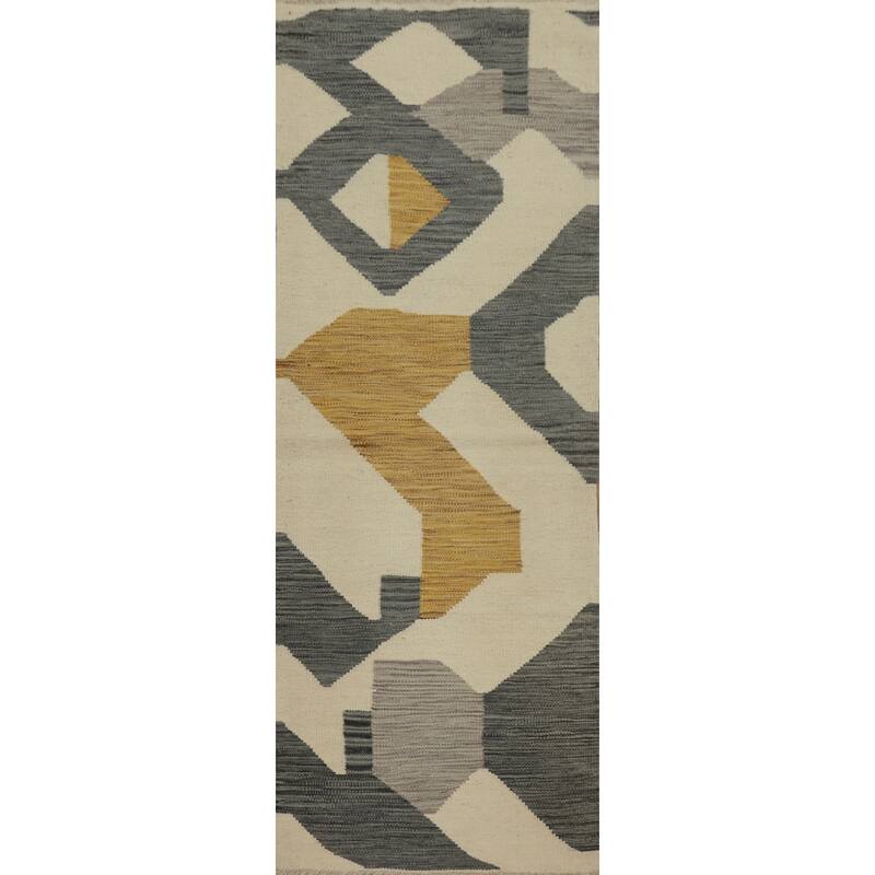 Hand Woven Oriental 100% Wool Carpet Southwestern Modern Beige & Ivories Kilim Runner Rug - 5' 10'' X 2' 0''