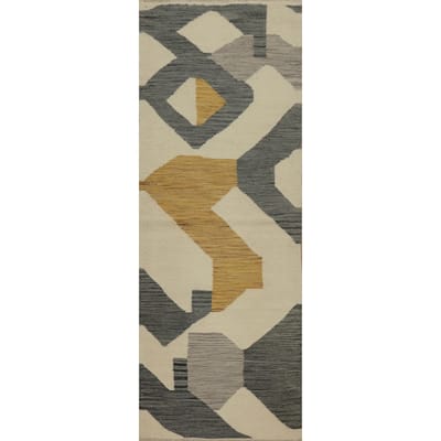 Hand Woven Oriental 100% Wool Carpet Southwestern Modern Beige & Ivories Kilim Runner Rug - 5' 10'' X 2' 0''