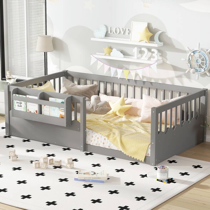 Queen/Full/Twin Floor Bed with Fence and Bookshelf, Wood Kids Floor Bed
