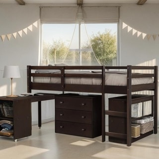 Low Study Twin Loft Bed with Cabinet and Rolling Portable Desk - Bed ...