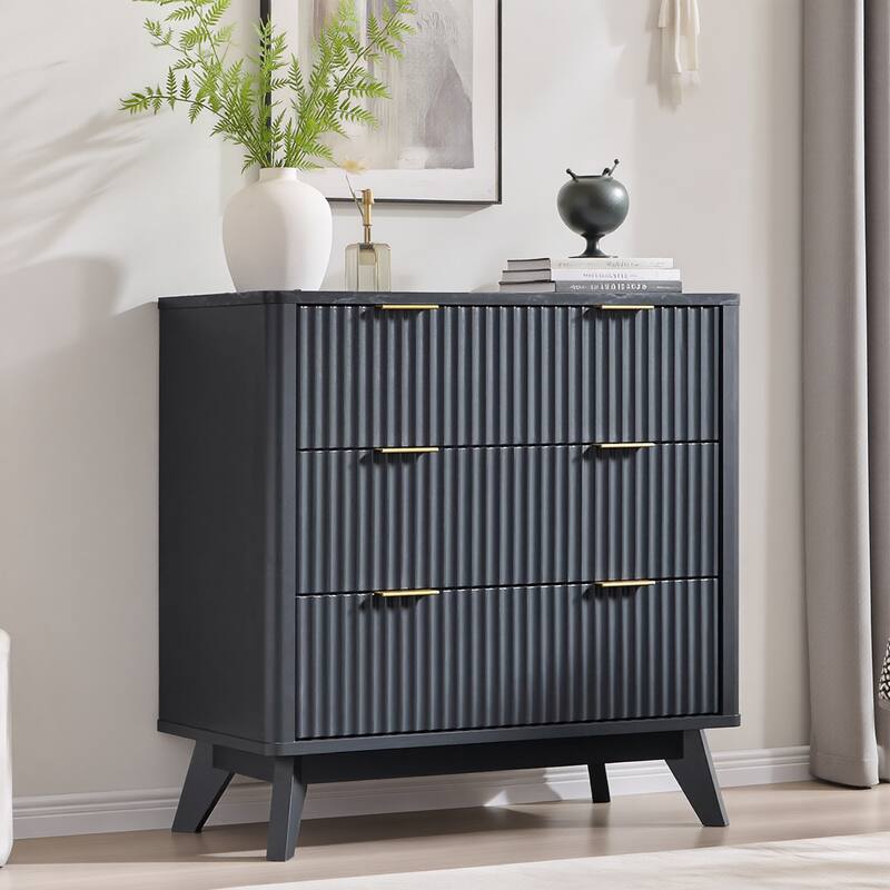 Modern fluted 3 Chest of Drawers, Dresser for Bedroom, Living Room - Black