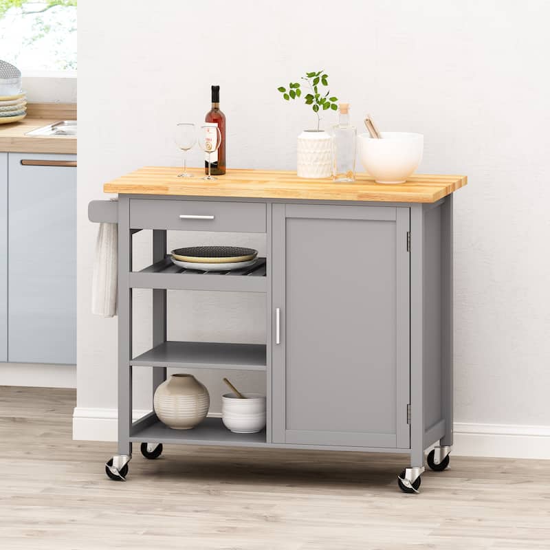 Contemporary Kitchen Cart with Rubberwood Top, Multi-Function Storage Drawer, Open Shelves, Rolling Casters with Locks