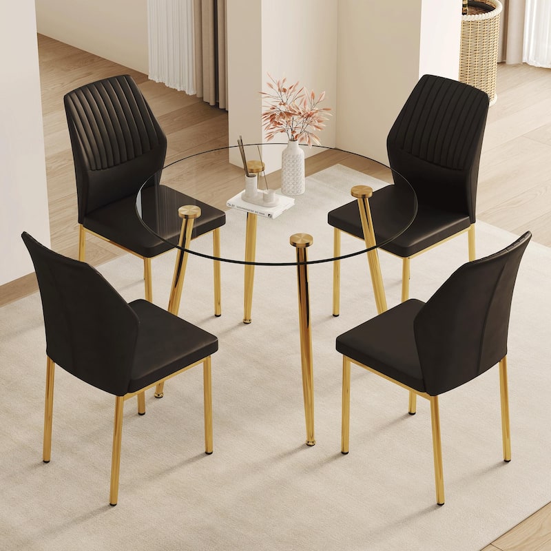 5-Piece Small Dining Table Set for 4, Modern Round Glass Table with 4 Faux Leather Dining Chairs for Small Spaces - White+Gold,Transparent