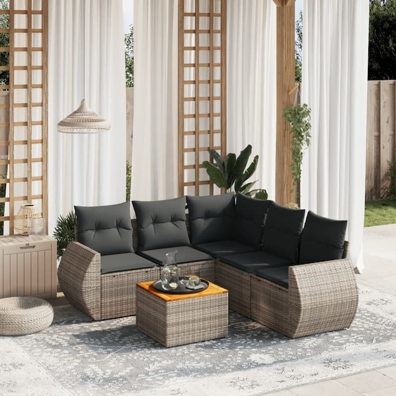 vidaXL Patio Sofa Set with Cushions Outdoor Furniture 6 Piece Poly Rattan - 21.7 x 21.7 x 14.6 - Grey-corner+Table+2x middle