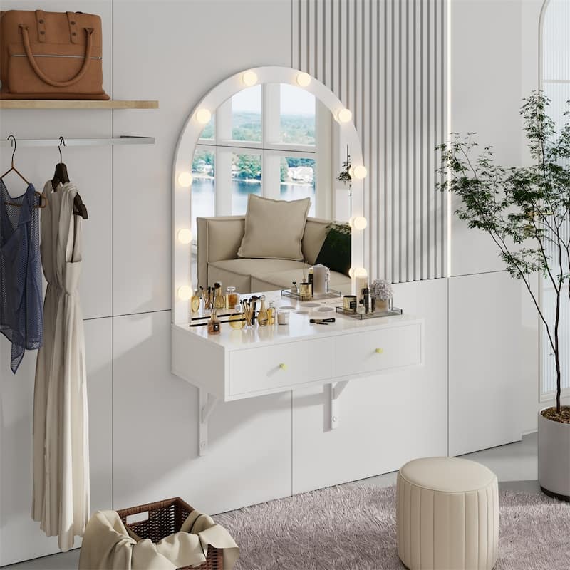 Floating Makeup Vanity Desk with 3-Color Lights,Wall Dressing Table - White