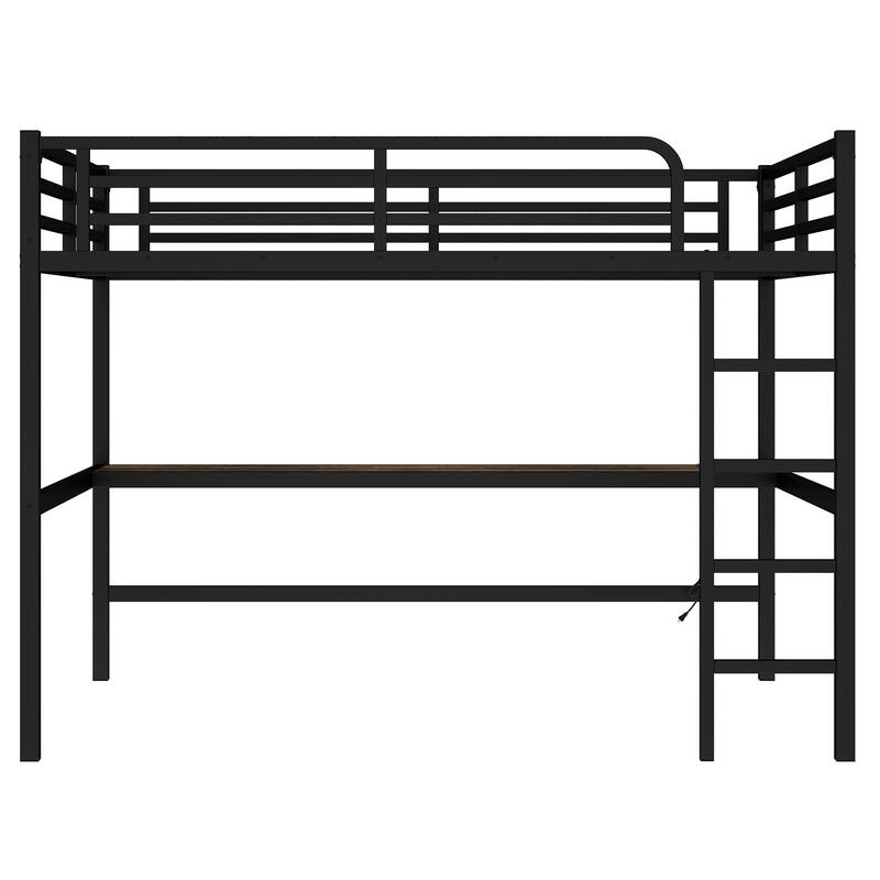 Queen Size Metal Loft Bed with Desk, USB Charging & LED Lights, Space-Saving Design, Black