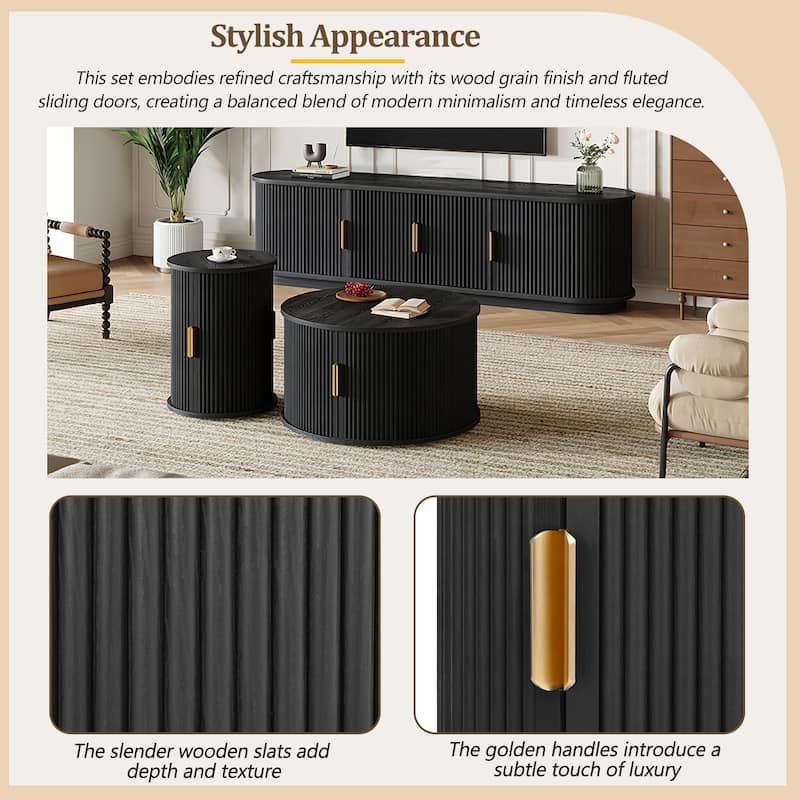 Farmhouse TV Stand & Coffee Table Set with Fluted Sliding Door & Golden Handles, for TVs up to 75"