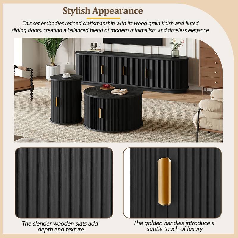 Fluted Sliding Door TV Stand & Coffee Table Set, Wooden Media Cabinet TV Console for TVs up to 75", 3-Piece Living Room Set