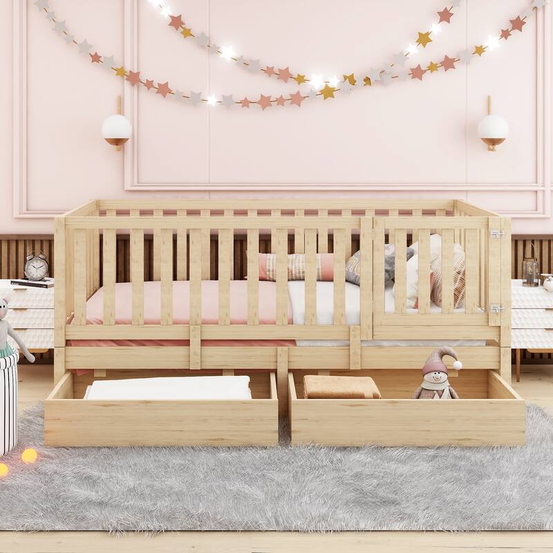 Modern Wood Daybed with Fence Guardrails and 2 Drawers - Natural - Twin