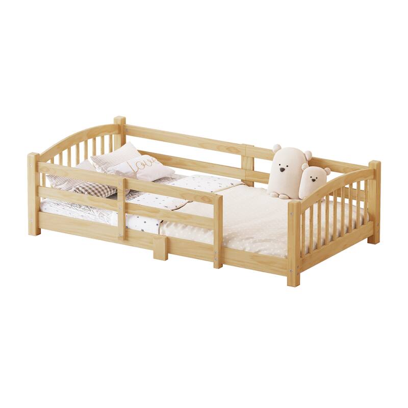 Roomfitters Montessori Floor Bed with Guardrails, Solid Wood Low Platform Bed with Slats, Easy Assembly