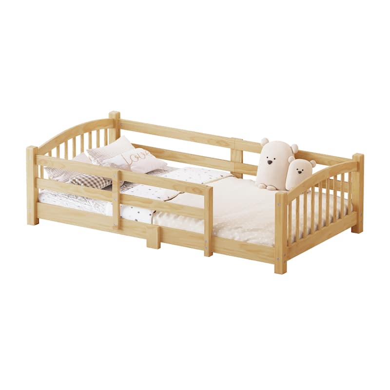 Solid Wood Floor Bed Montessori Bed with Safety Guardrails Without Door
