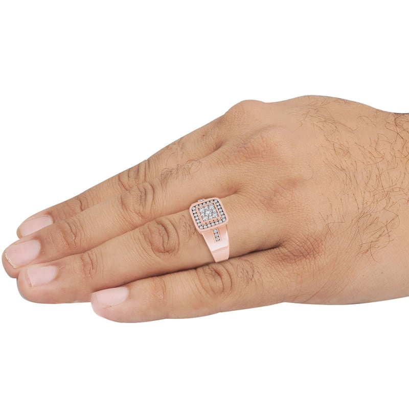 IGI Certified 1/2ct TDW Diamond Halo Cluster Ring in 10K Rose Gold for Men - Rose gold