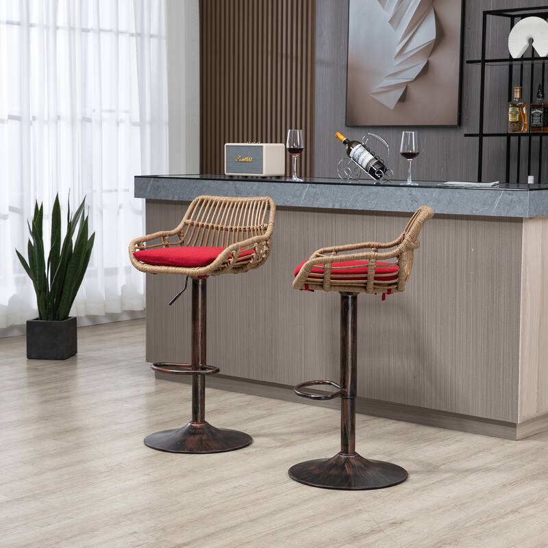 360° Swivel Bar Stools Set of 2, Adjustable Counter Height Chairs with Footrest, Rattan Bar Chairs with Cushions