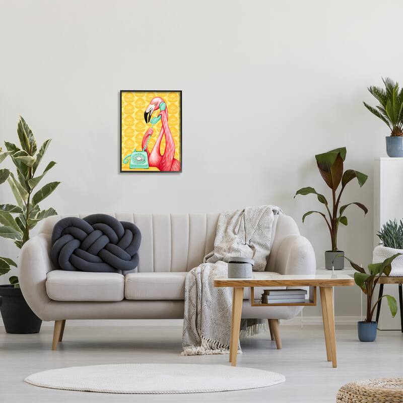 Stupell Flamingo Calling Dial Telephone Groovy Flowers Wallpaper Framed Wall Art, Design by Amelie Legault - Yellow