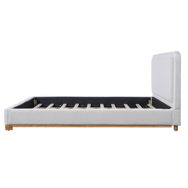 White Platform Bed Wingback Frame with Boucle Upholstered Curved Headboard, Solid Wood Base Low Profile Bed