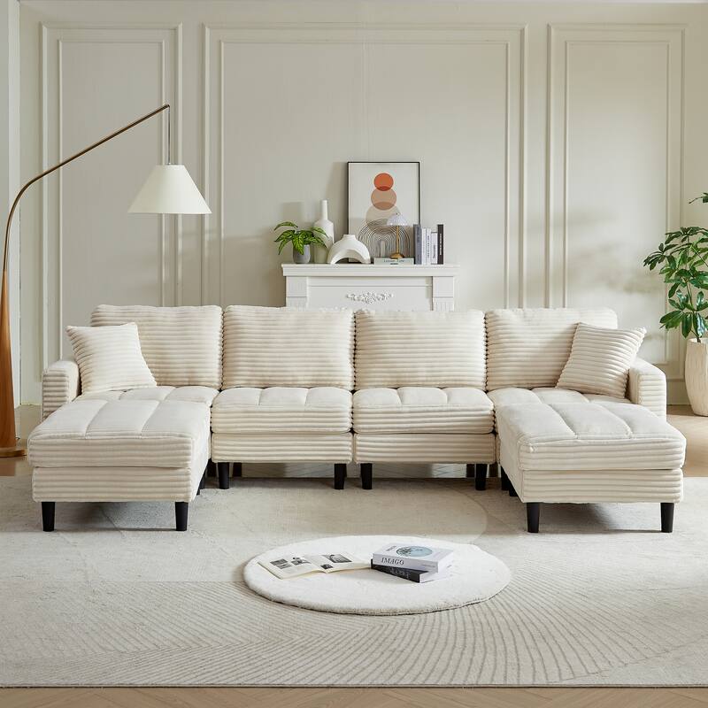 122.5" Corduroy U-Shaped Sectional Sofa with Ottomans & Pillows