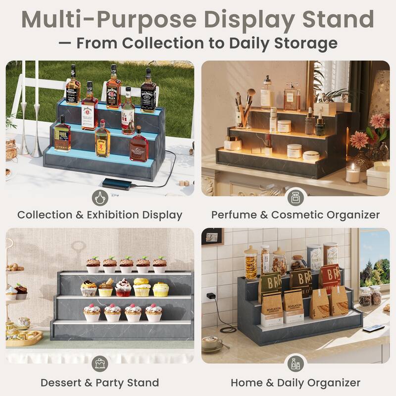 EROMMY LED Lighted Wine & Liquor Display Shelf with Remote, 3-Tier Tabletop Bar Rack, USB Powered