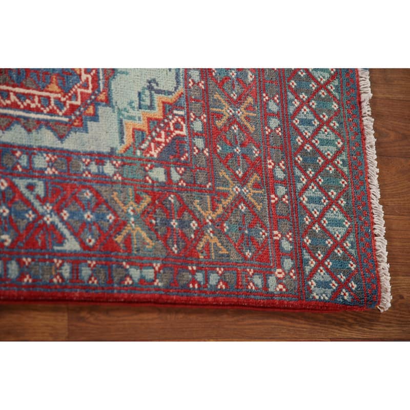 Geometric Kazak Accent Rug Hand-Knotted Blue Wool Carpet - 3'1"x 4'9"
