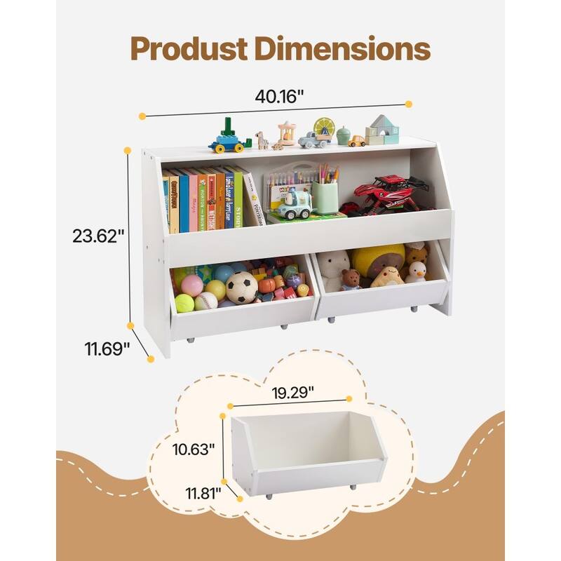 White Wooden Toy Storage Organizer with 3 Compartments and Top Shelf - 40.16 x 11.69 x 23.62 in/