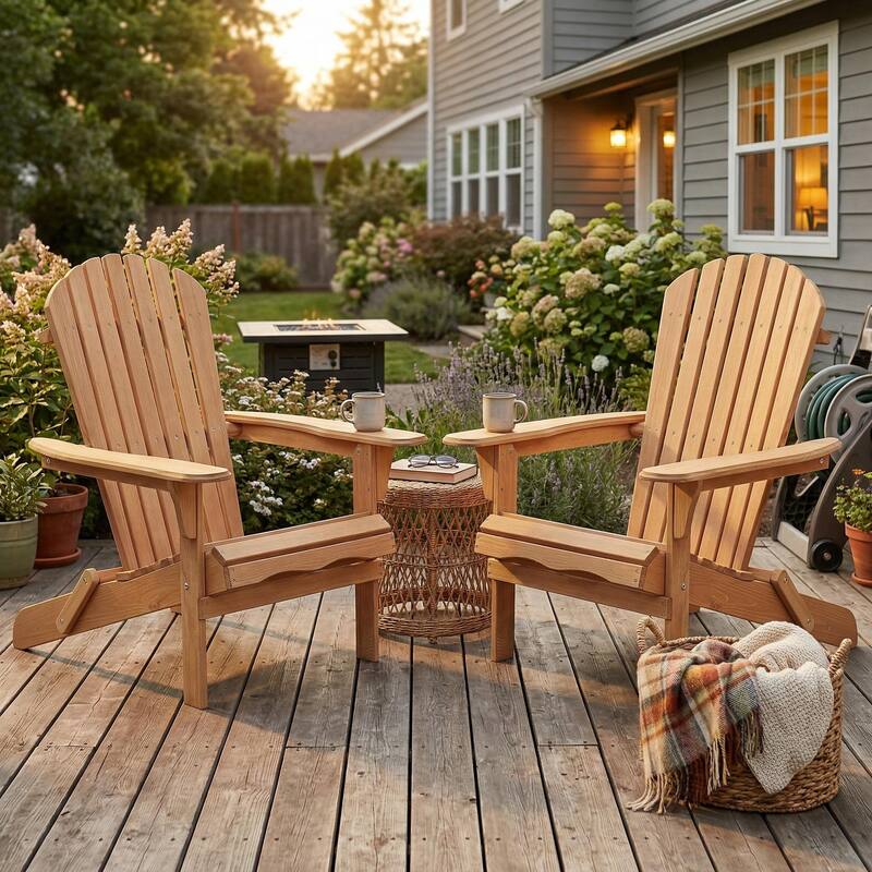 Anmytek Set of 2 Brushed Cedar Adirondack Chairs Solid Wood Outdoor Patio seating with Slatted Backrest and Wide Armrests - Light Brown - 31 in. W X 28 in. D X 36 in. H
