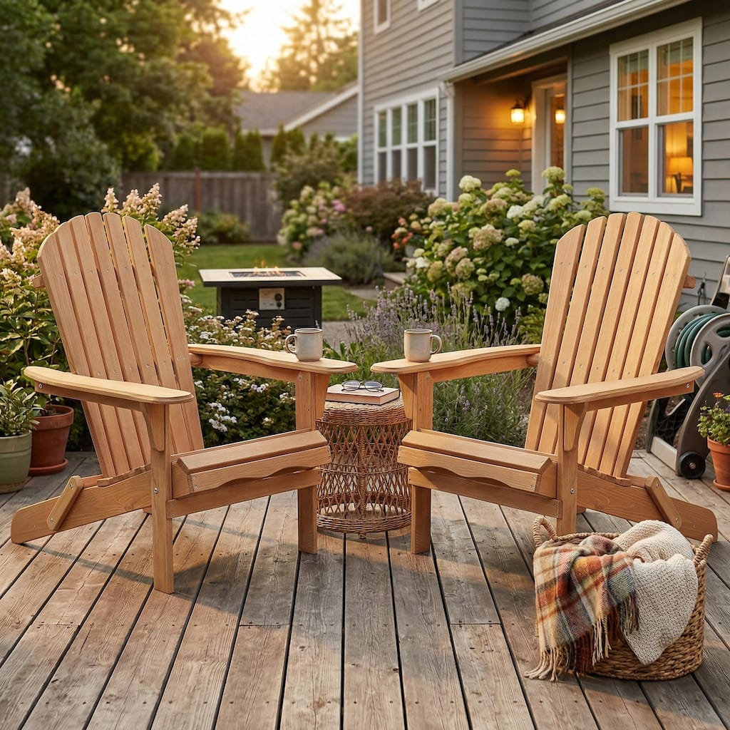 Anmytek Set of 2 Brushed Cedar Adirondack Chairs Solid Wood Outdoor Patio seating with Slatted Backrest and Wide Armrests