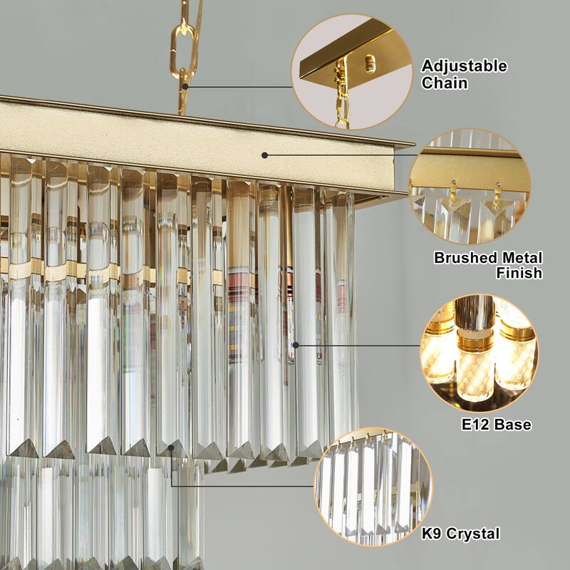 Gold Rectangle Crystal Chandelier, Luxury Pendant Light for Dining Room, Bulbs Included