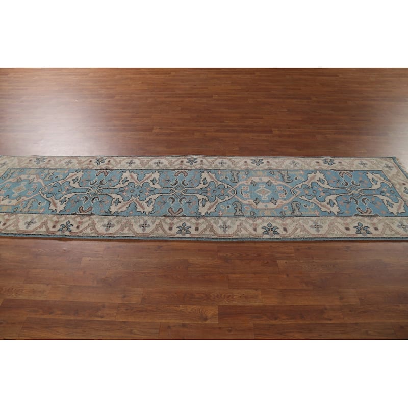 Light Blue Oushak Oriental Runner Rug Handmade Wool Carpet - 2'7"x 9'10"