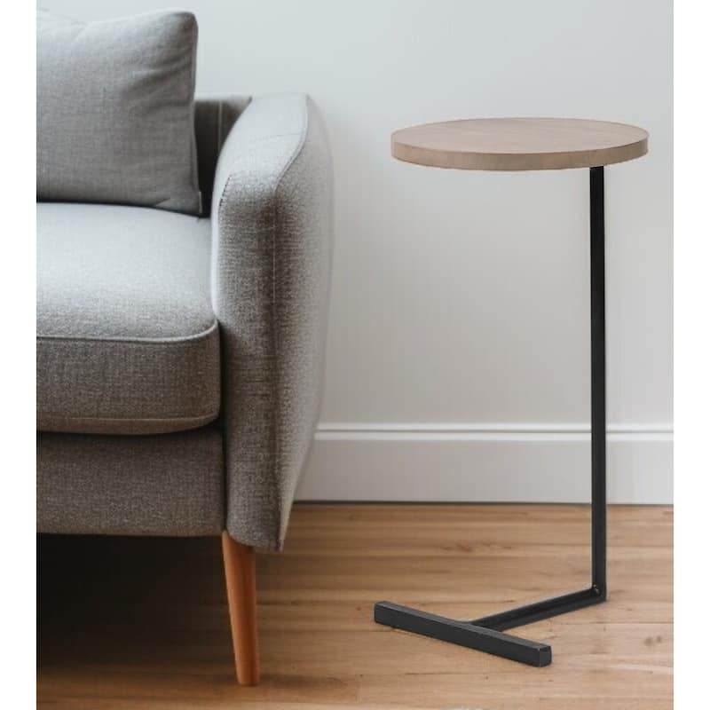 Brown Wood Round Top Accent Table with Black Iron Base - Black - Wood