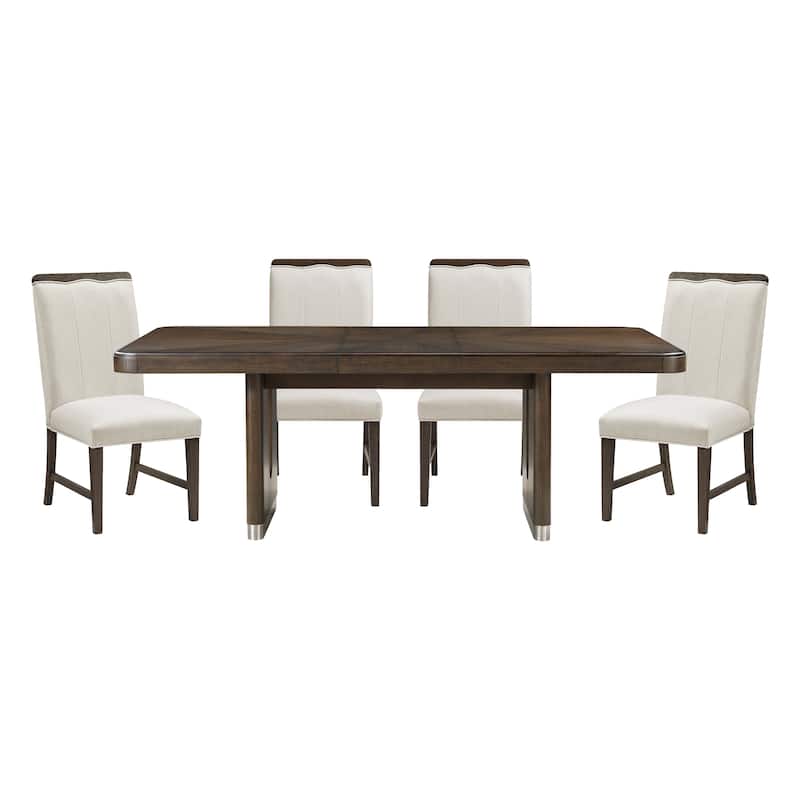 Contemporary Aesthetic Dining Set Extendable Table with Chairs Upholstered Beige Brown Furniture - 5pc Set