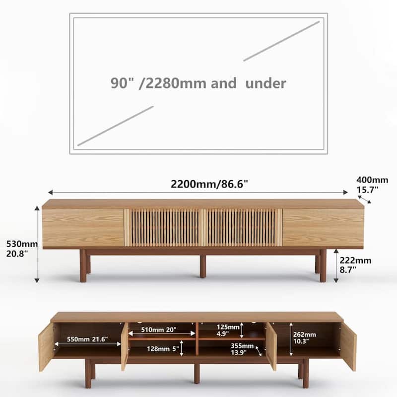 86.6" Solid Wood TV Stand with Slatted Door Design, Media Console for 90" TVs, - 86.6"Wx15.7"Dx20.8"H