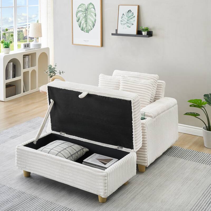 White Corduroy Single Sofa with Storage and Pillows, 57x41x31 inches - Multi-Color