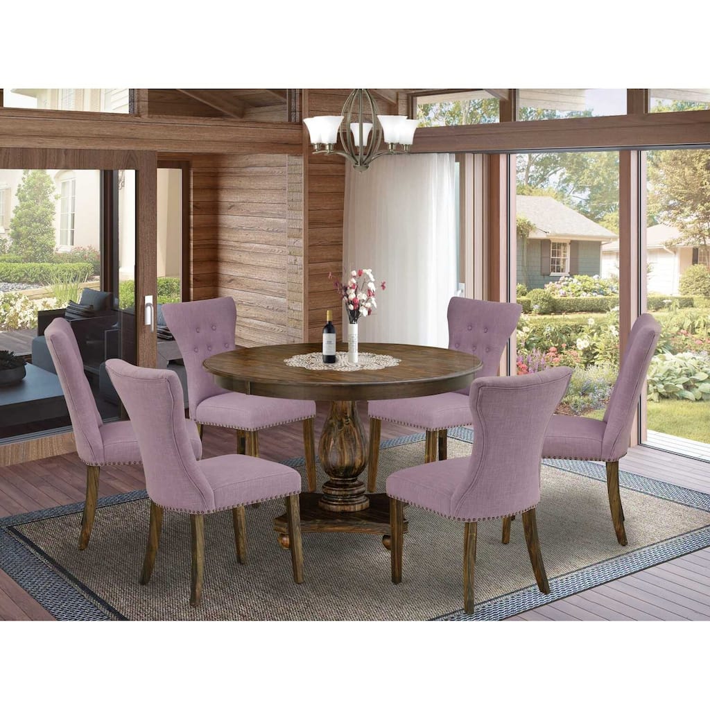 HomeStock 7-Piece Distressed Jacobean Finish Solid Wood Top Dining Table with 6 Chairs