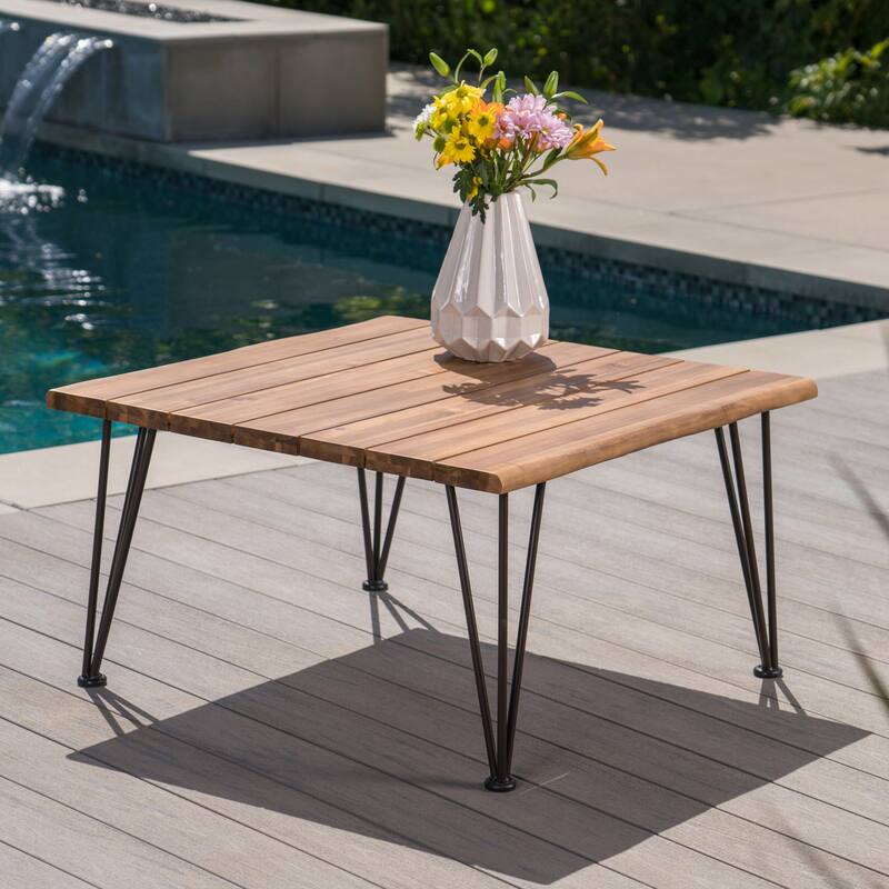 Roomfitters Outdoor Wooden Coffee Table with Slatted Top and Iron Hairpin Legs, Patio Accent Table for Garden, Natural - Natural
