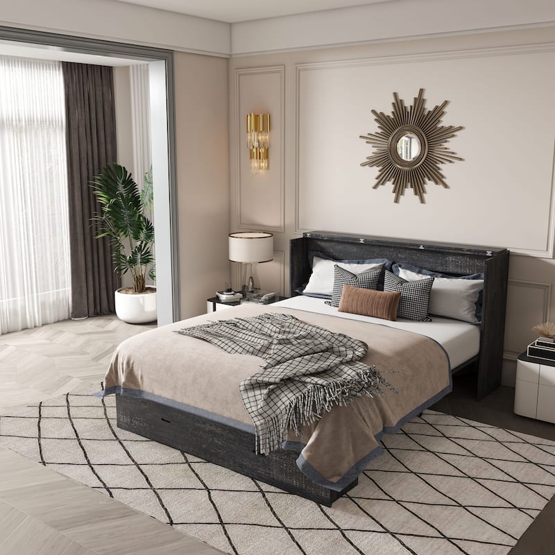 Full Size Foldable Murphy Bed Cabinet with Storage and Charging - Carbon Black - Full