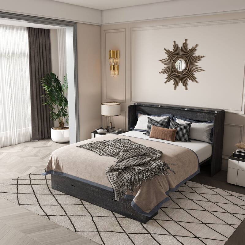 Full Size Murphy Bed, with Storage Drawers and Charging Cabinet, with Foldable Panels, with Swivel Wheels, Noise-Free