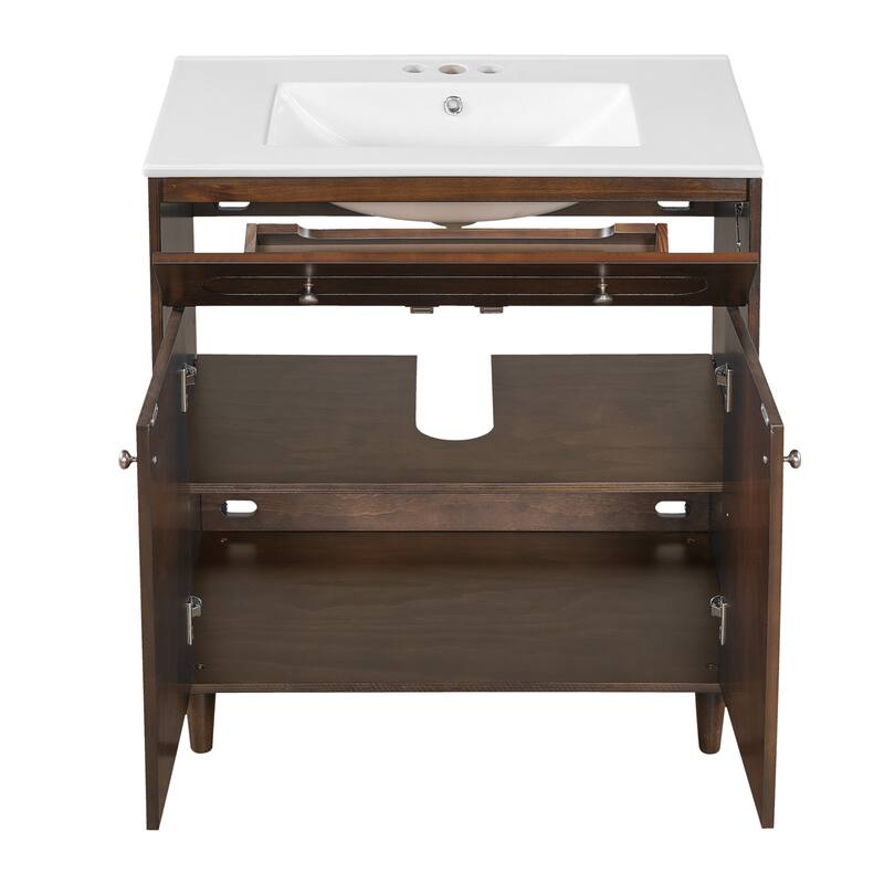 30" Bathroom Vanity with Ceramic Sink, Solid Wood Frame Bathroom Sink Cabinet with Adjustable Shelf, Tip-Drawer
