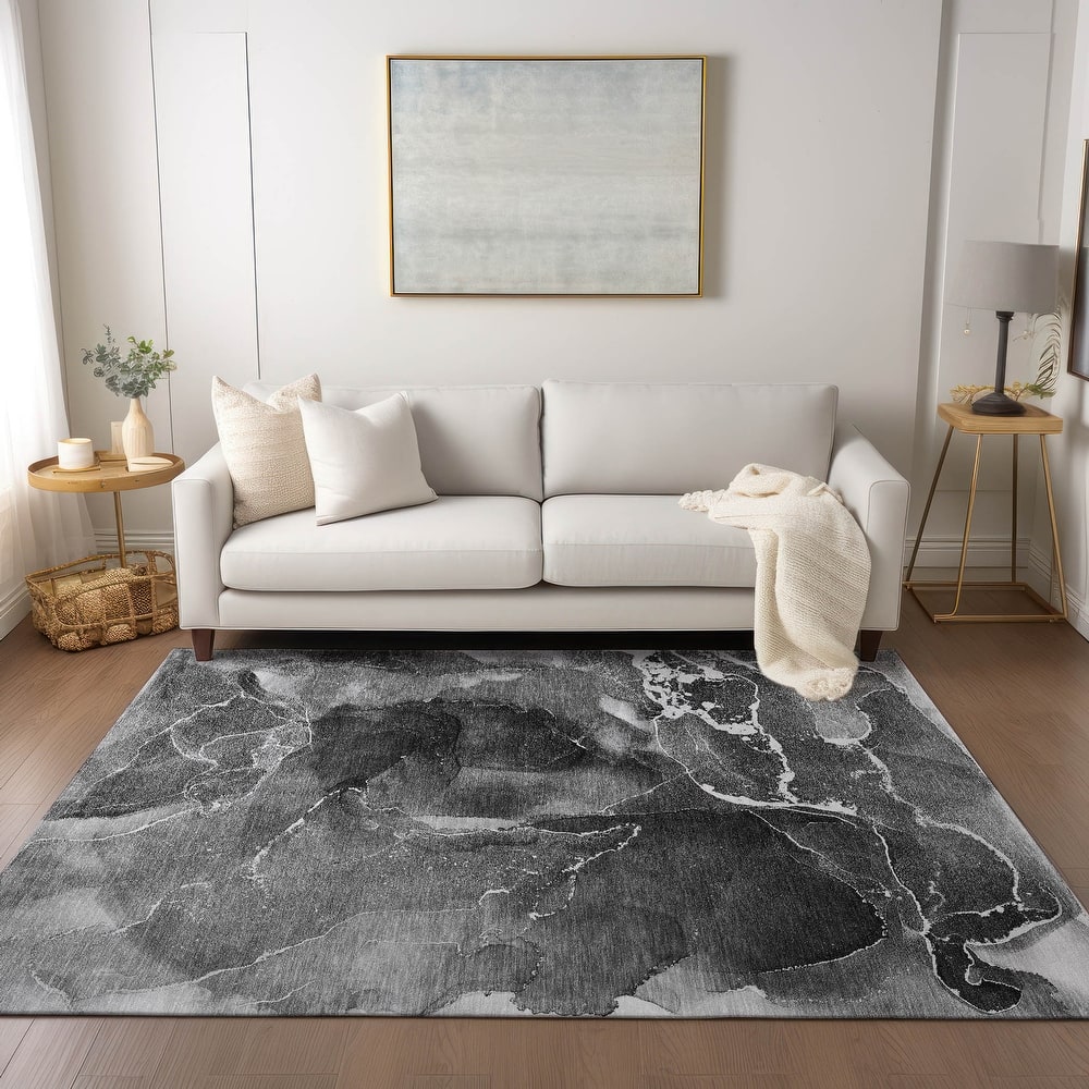 Machine Washable Indoor/ Outdoor Chantille Abstract Gray Rug