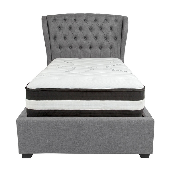 Offex Barletta Tufted Upholstered Twin Size Wingback Platform Bed in Light Gray Fabric with Pocket Spring Mattress