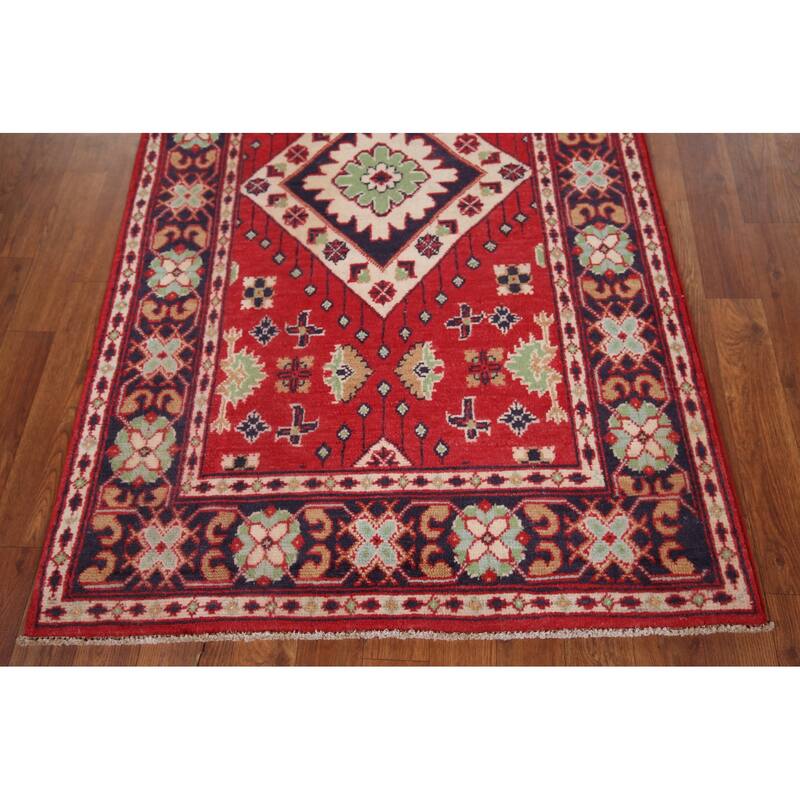 Geometric Red Kazak Oriental Foyer Rug Handmade Wool Carpet - 3'1" x 5'0"