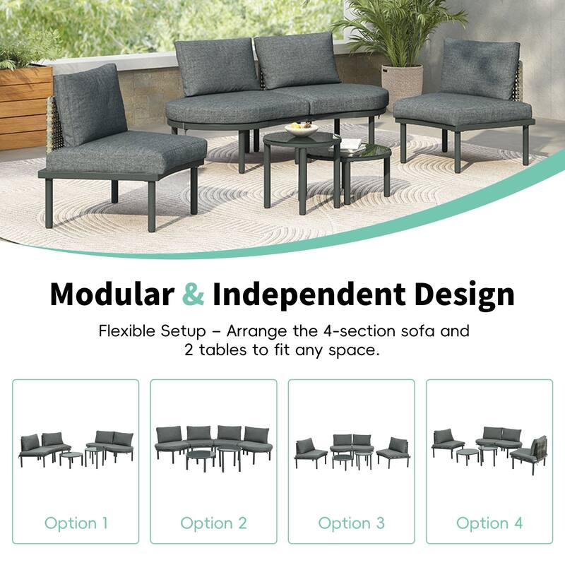 6/8-Piece Half Moon PE Wicker Patio Sectional Set with Dual Coffee Tables