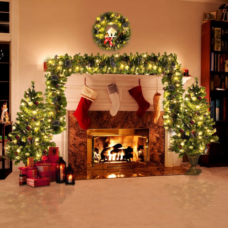 Pre-lit Xmas Tree Artificial Christmas 4-Piece Set in Green