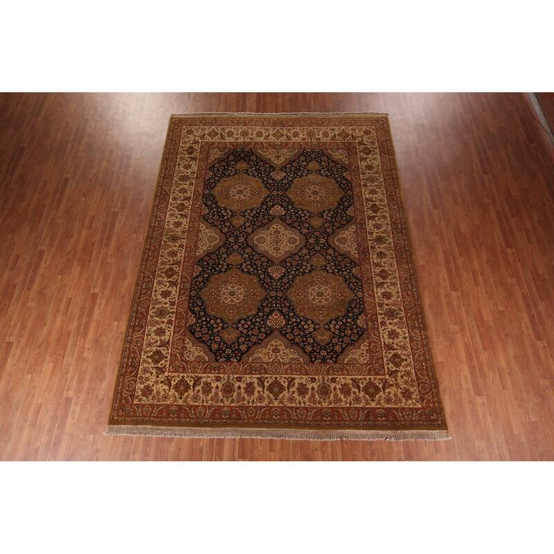 Black Floral Agra Oriental Area Rug Hand-Knotted Wool Carpet - 9'4" X 12'8"