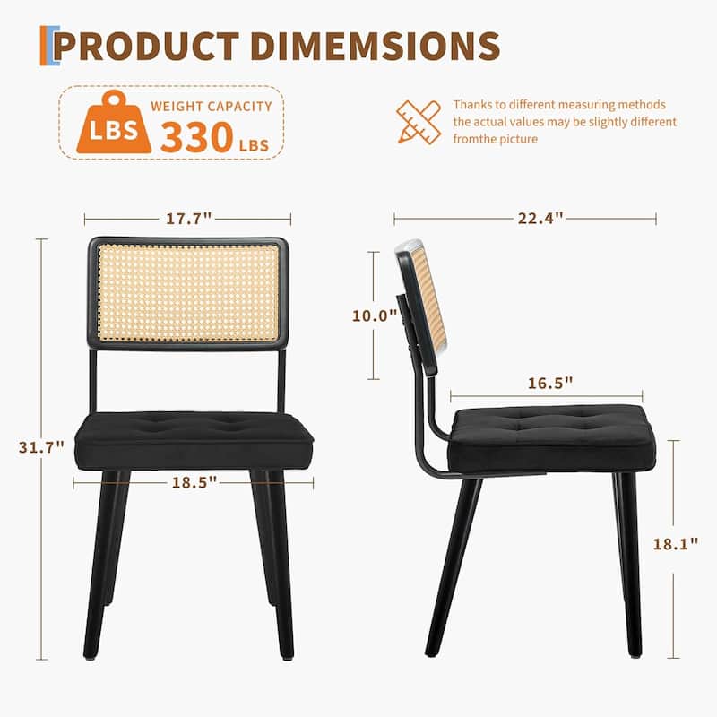 Natural Rattan Dining Chairs, Velvet Upholstered Kitchen Chairs with Tall Cane Backrest