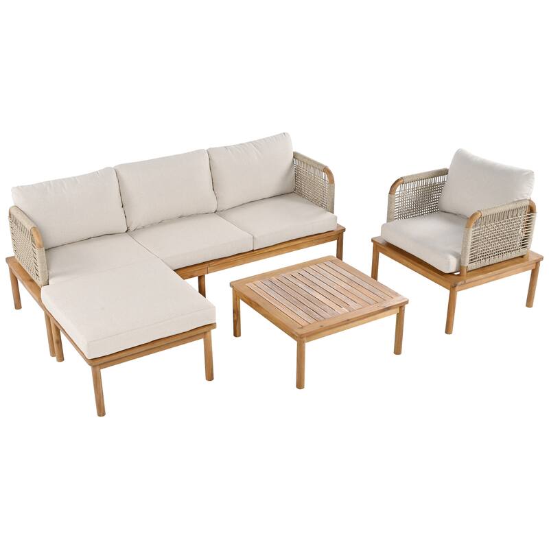 4-Piece Outdoor Patio L-Shaped Acacia Wood Rope Weave Sectional Sofa Set with Coffee Table,Armchair, and Ottoman