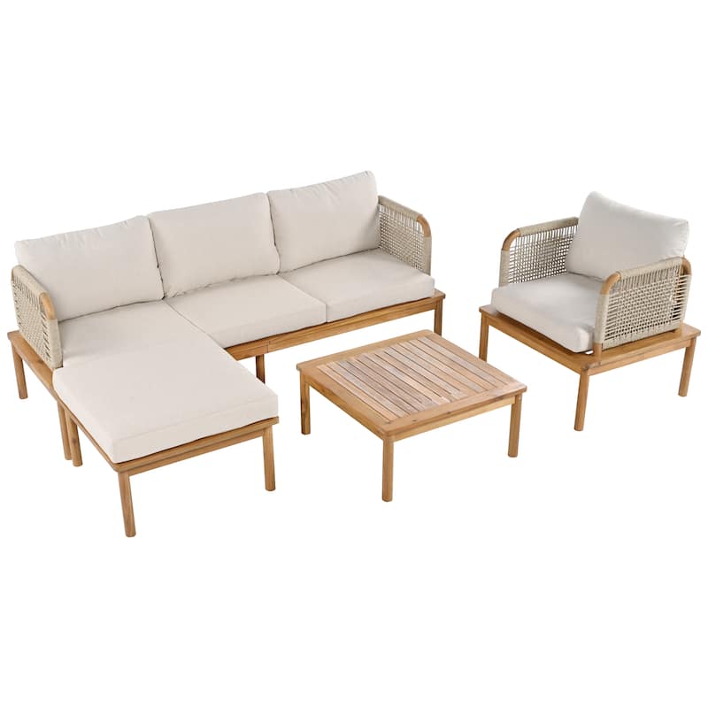 Roomfitters Outdoor 4-Piece Acacia Wood and Rope Patio Sofa Set with Coffee Table, Beige Cushions