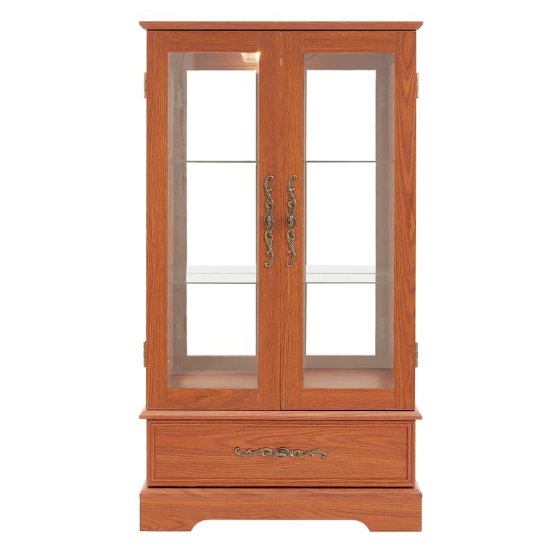 Lighted Glass Curio Cabinet with Adjustable Shelves - Elegant 2-Door Display Cabinet & Built-in Drawer, Includes Bulb