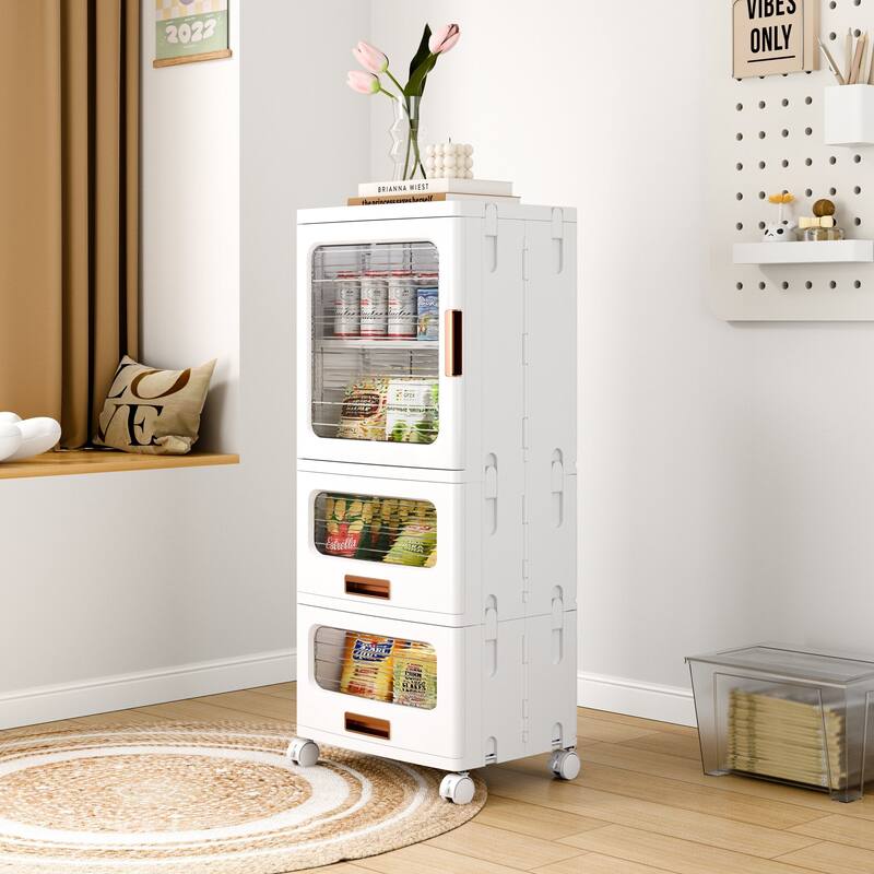 VECELO White Rolling Storage Cabinet with Transparent Doors Adjustable Shelves for Living Room Bedroom Bathroom Organization