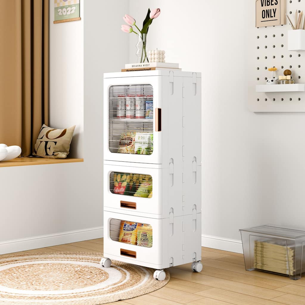 VECELO White Rolling Storage Cabinet with Transparent Doors Adjustable Shelves for Living Room Bedroom Bathroom Organization